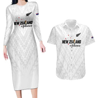 Custom Football New Zealand Couples Matching Long Sleeve Bodycon Dress and Hawaiian Shirt Aotearoa United White Version - Polynesian Pride