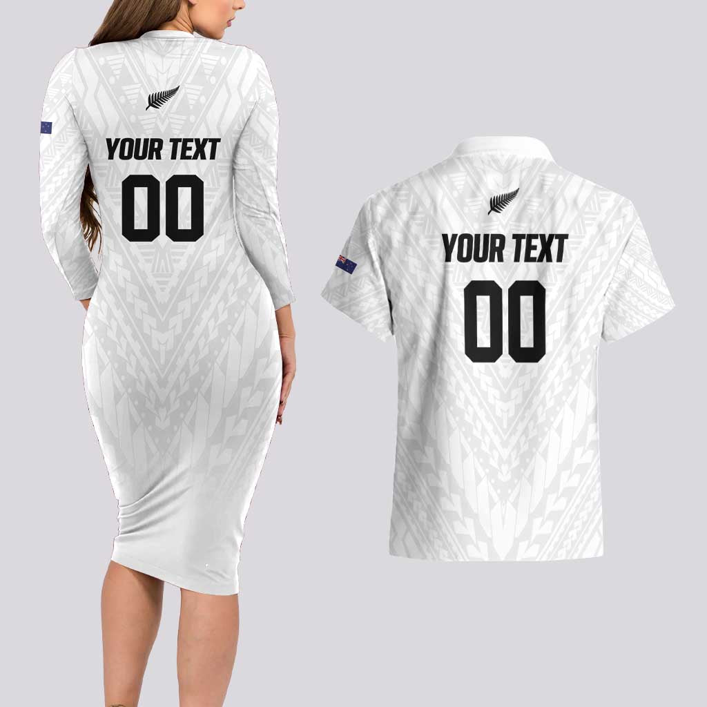 Custom Football New Zealand Couples Matching Long Sleeve Bodycon Dress and Hawaiian Shirt Aotearoa United White Version - Polynesian Pride