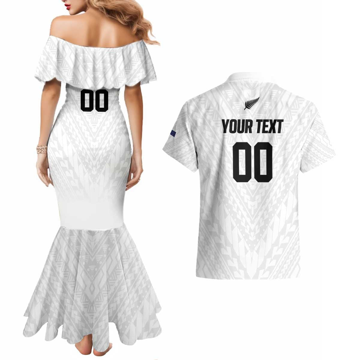 Custom Football New Zealand Couples Matching Mermaid Dress and Hawaiian Shirt Aotearoa United White Version - Polynesian Pride