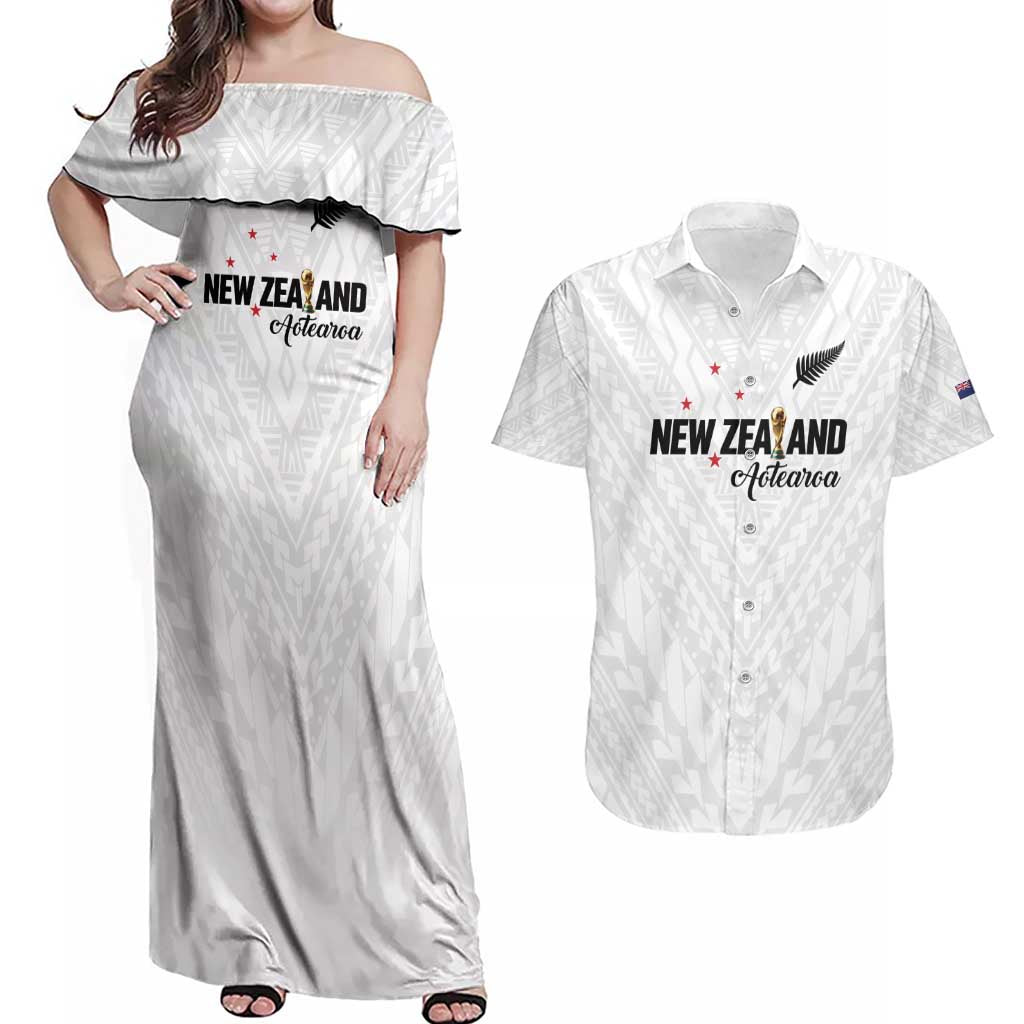 Custom Football New Zealand Couples Matching Off Shoulder Maxi Dress and Hawaiian Shirt Aotearoa United White Version - Polynesian Pride