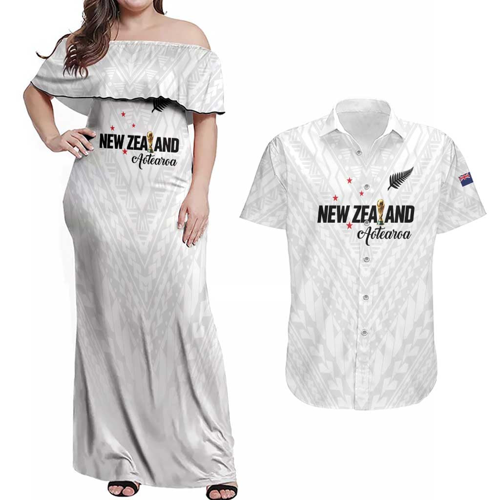 Custom Football New Zealand Couples Matching Off Shoulder Maxi Dress and Hawaiian Shirt Aotearoa United White Version - Polynesian Pride