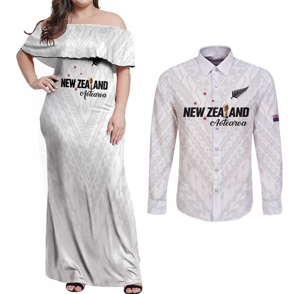 Custom Football New Zealand Couples Matching Off Shoulder Maxi Dress and Long Sleeve Button Shirt Aotearoa United White Version - Polynesian Pride