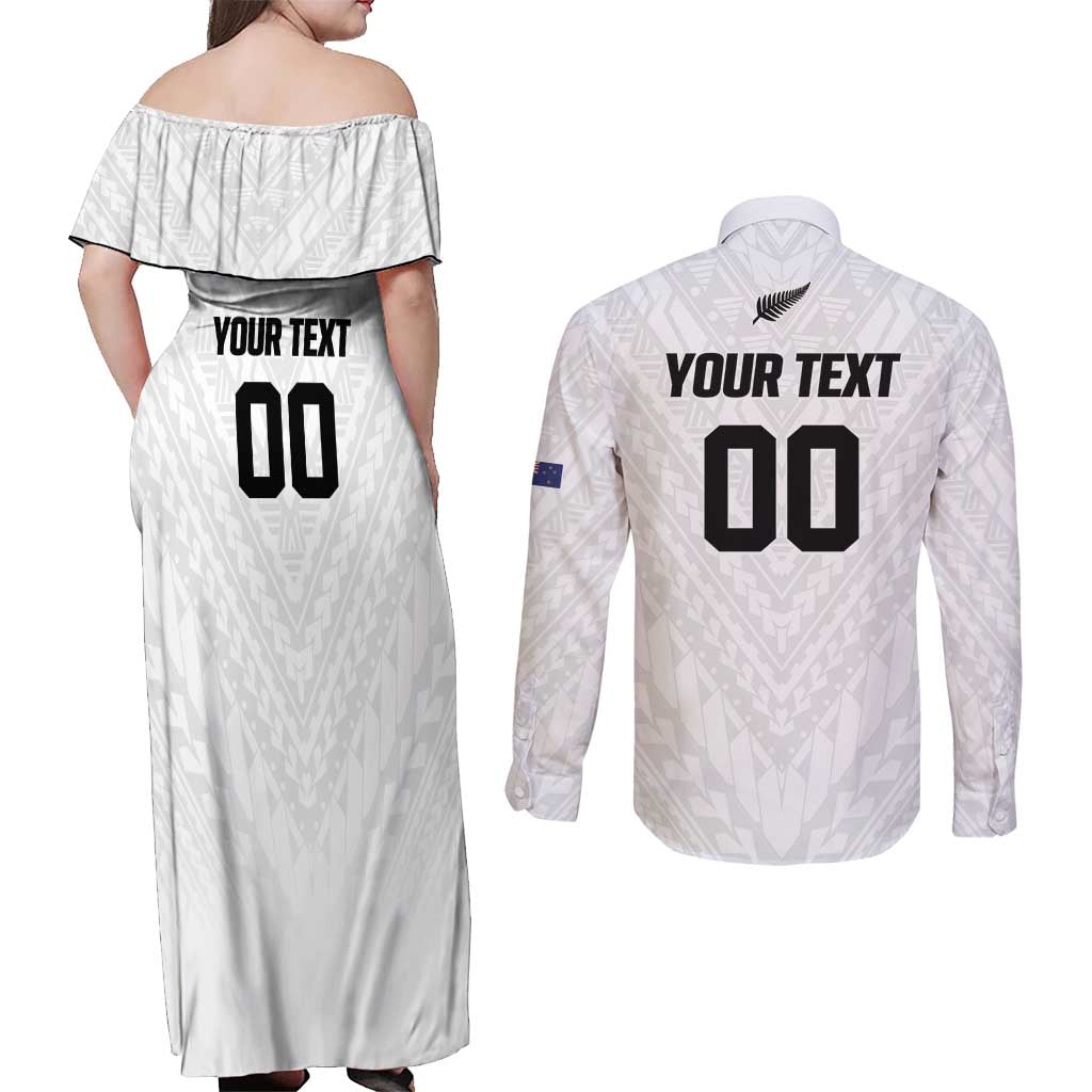 Custom Football New Zealand Couples Matching Off Shoulder Maxi Dress and Long Sleeve Button Shirt Aotearoa United White Version - Polynesian Pride