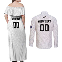 Custom Football New Zealand Couples Matching Off Shoulder Maxi Dress and Long Sleeve Button Shirt Aotearoa United White Version - Polynesian Pride