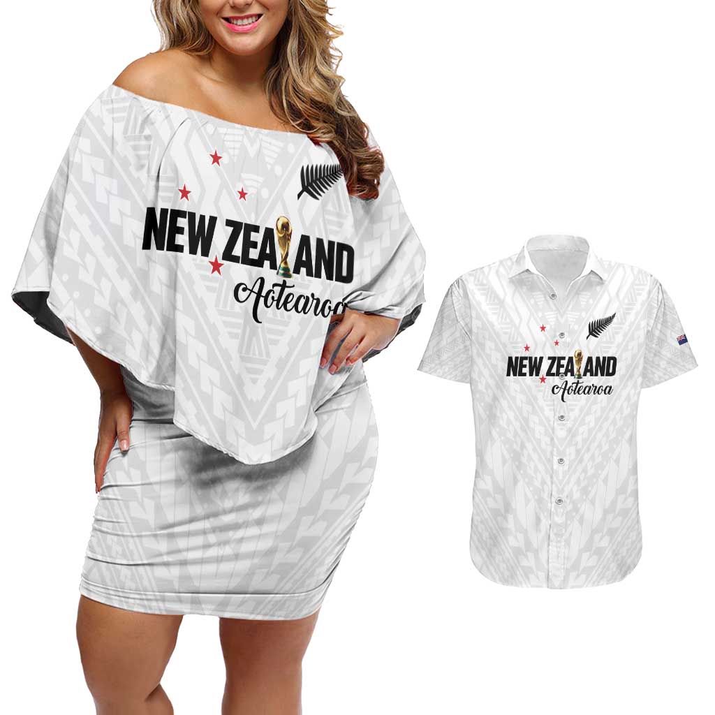 Custom Football New Zealand Couples Matching Off Shoulder Short Dress and Hawaiian Shirt Aotearoa United White Version - Polynesian Pride
