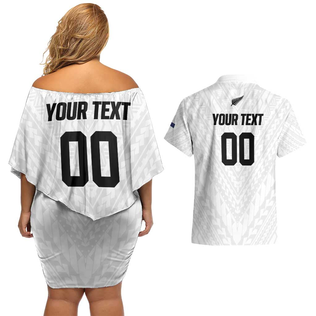 Custom Football New Zealand Couples Matching Off Shoulder Short Dress and Hawaiian Shirt Aotearoa United White Version - Polynesian Pride
