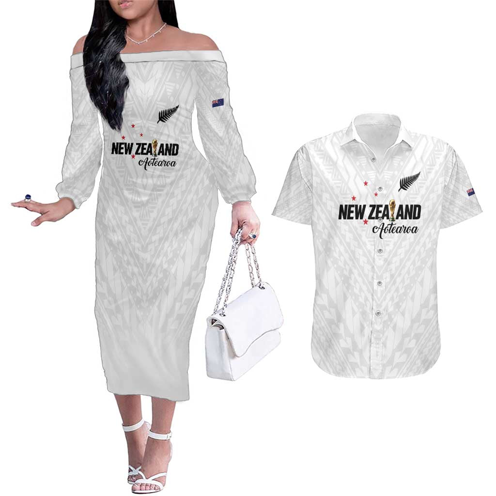 Custom Football New Zealand Couples Matching Off The Shoulder Long Sleeve Dress and Hawaiian Shirt Aotearoa United White Version - Polynesian Pride