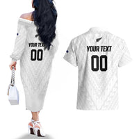 Custom Football New Zealand Couples Matching Off The Shoulder Long Sleeve Dress and Hawaiian Shirt Aotearoa United White Version - Polynesian Pride