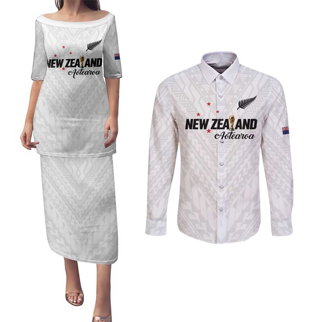 Custom Football New Zealand Couples Matching Puletasi and Long Sleeve Button Shirt Aotearoa United White Version - Polynesian Pride