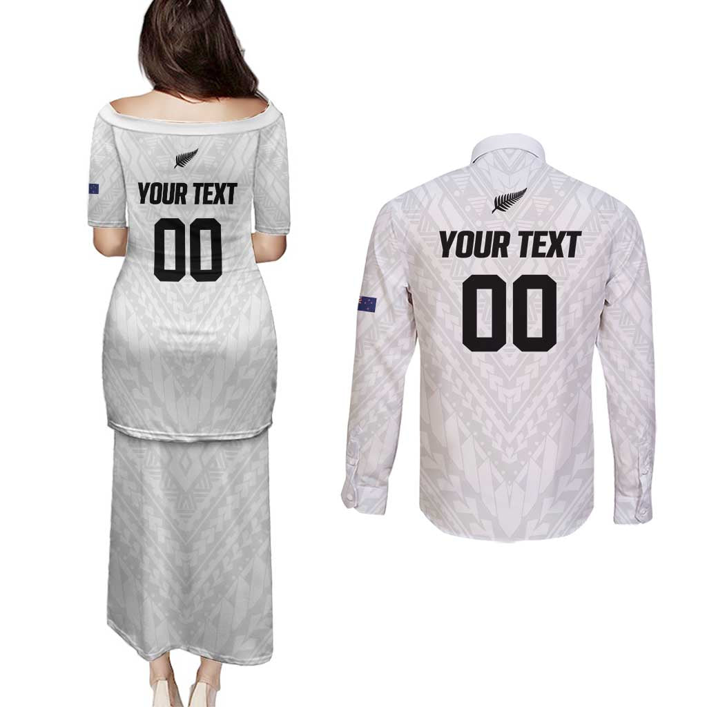 Custom Football New Zealand Couples Matching Puletasi and Long Sleeve Button Shirt Aotearoa United White Version - Polynesian Pride