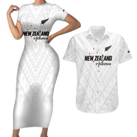 Custom Football New Zealand Couples Matching Short Sleeve Bodycon Dress and Hawaiian Shirt Aotearoa United White Version - Polynesian Pride