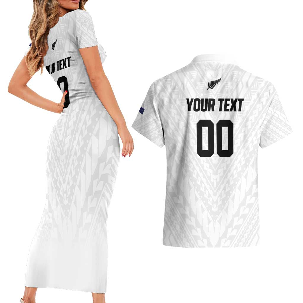 Custom Football New Zealand Couples Matching Short Sleeve Bodycon Dress and Hawaiian Shirt Aotearoa United White Version - Polynesian Pride