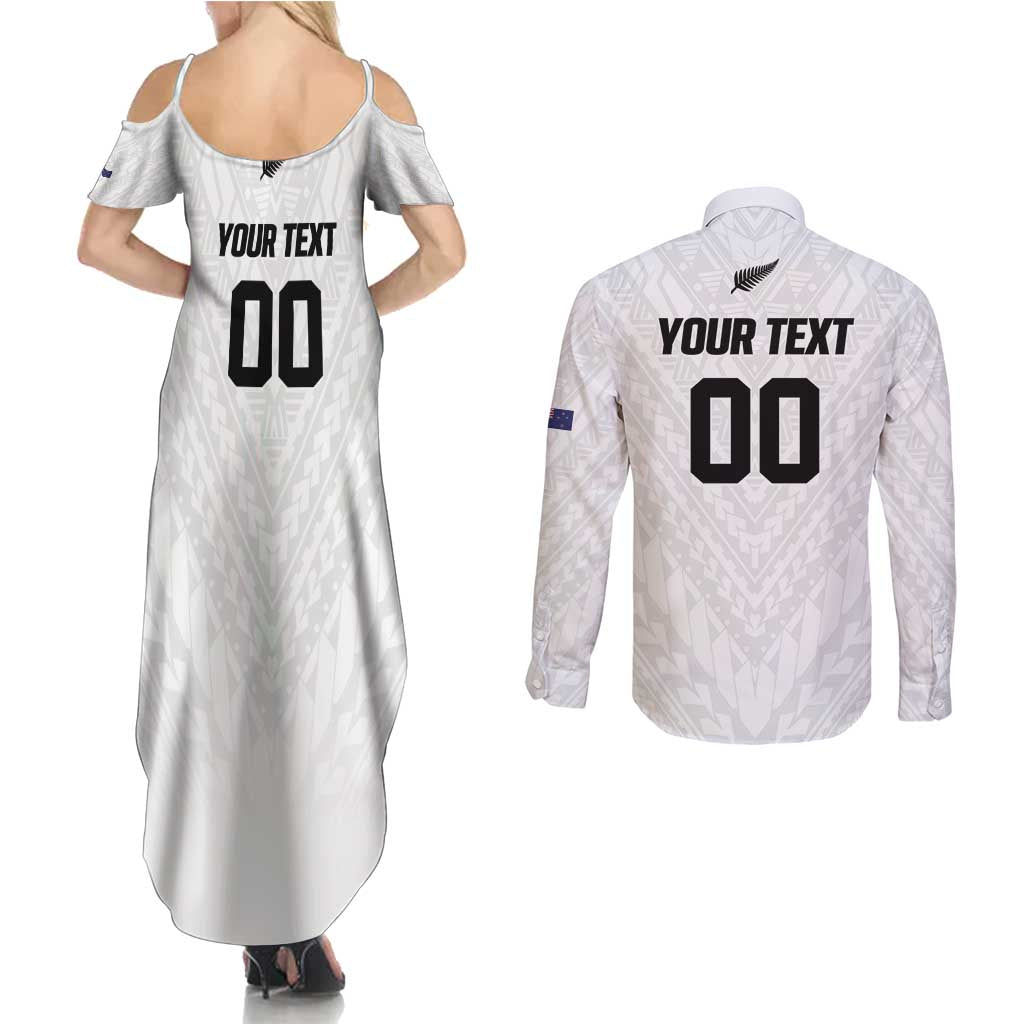 Custom Football New Zealand Couples Matching Summer Maxi Dress and Long Sleeve Button Shirt Aotearoa United White Version - Polynesian Pride