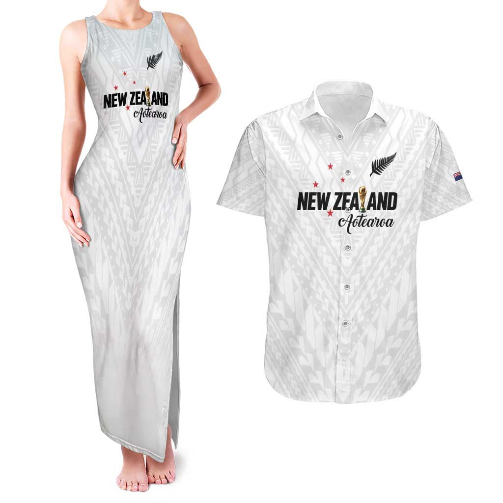 Custom Football New Zealand Couples Matching Tank Maxi Dress and Hawaiian Shirt Aotearoa United White Version - Polynesian Pride