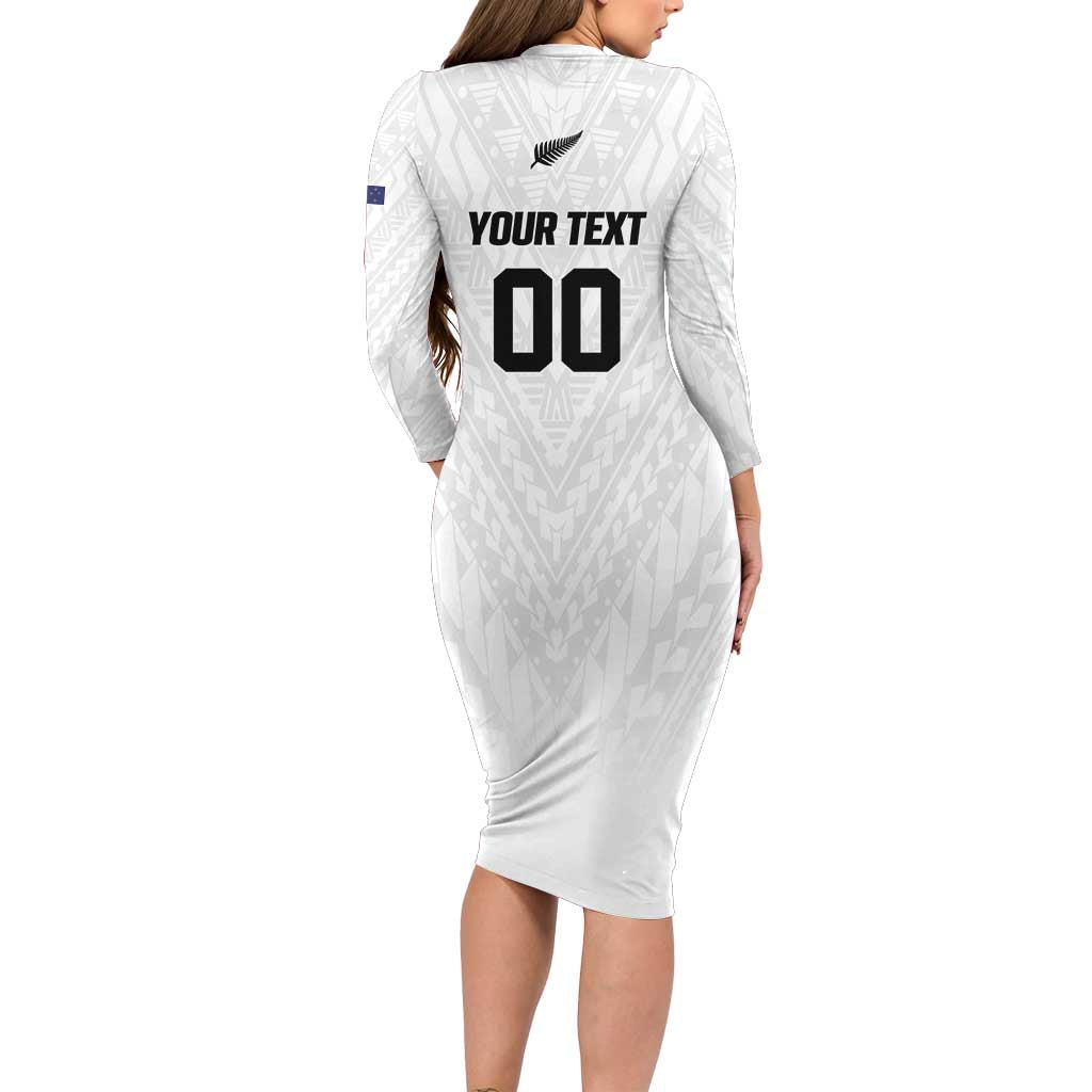Custom Football New Zealand Family Matching Long Sleeve Bodycon Dress and Hawaiian Shirt Aotearoa United White Version - Polynesian Pride