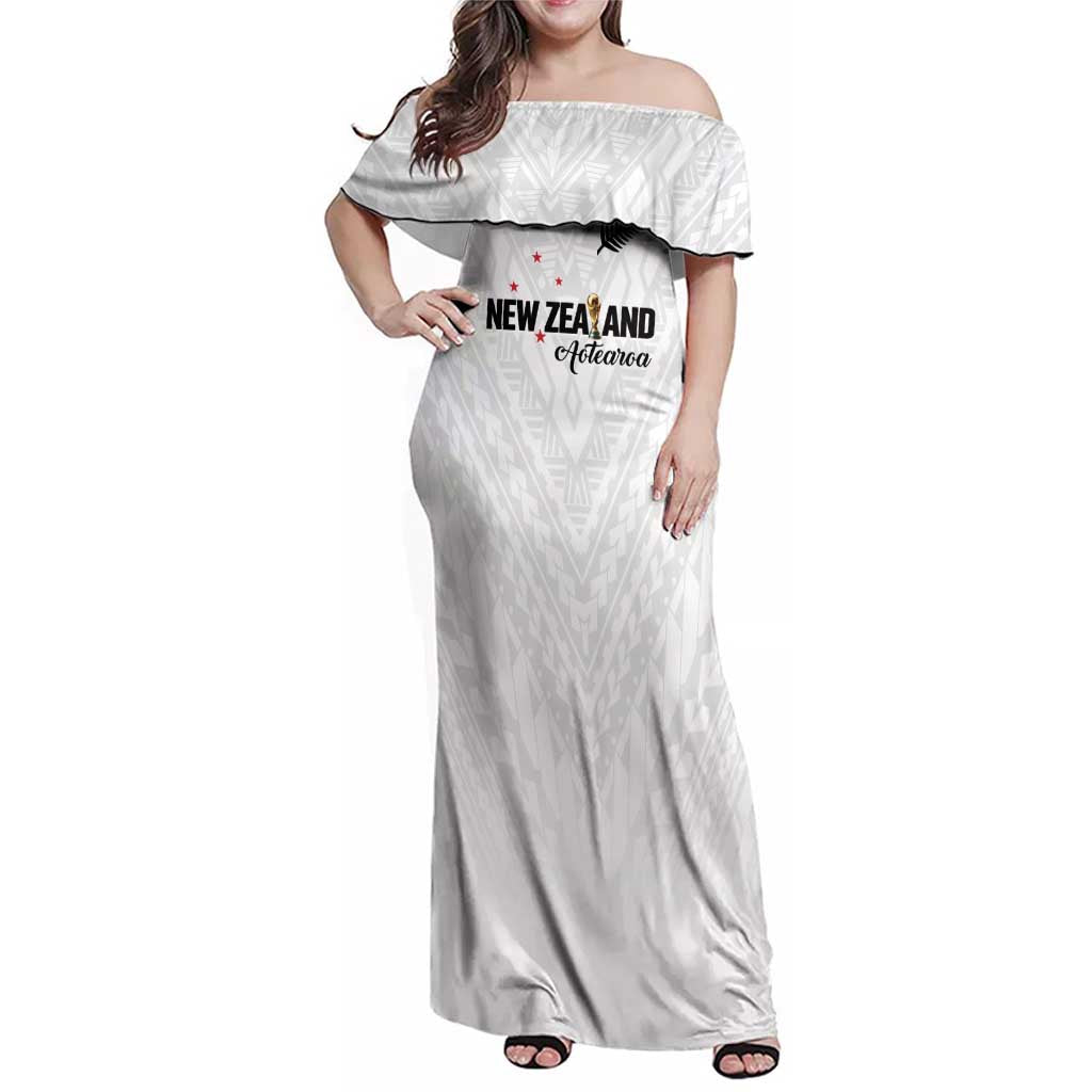 Custom Football New Zealand Family Matching Off Shoulder Maxi Dress and Hawaiian Shirt Aotearoa United White Version - Polynesian Pride