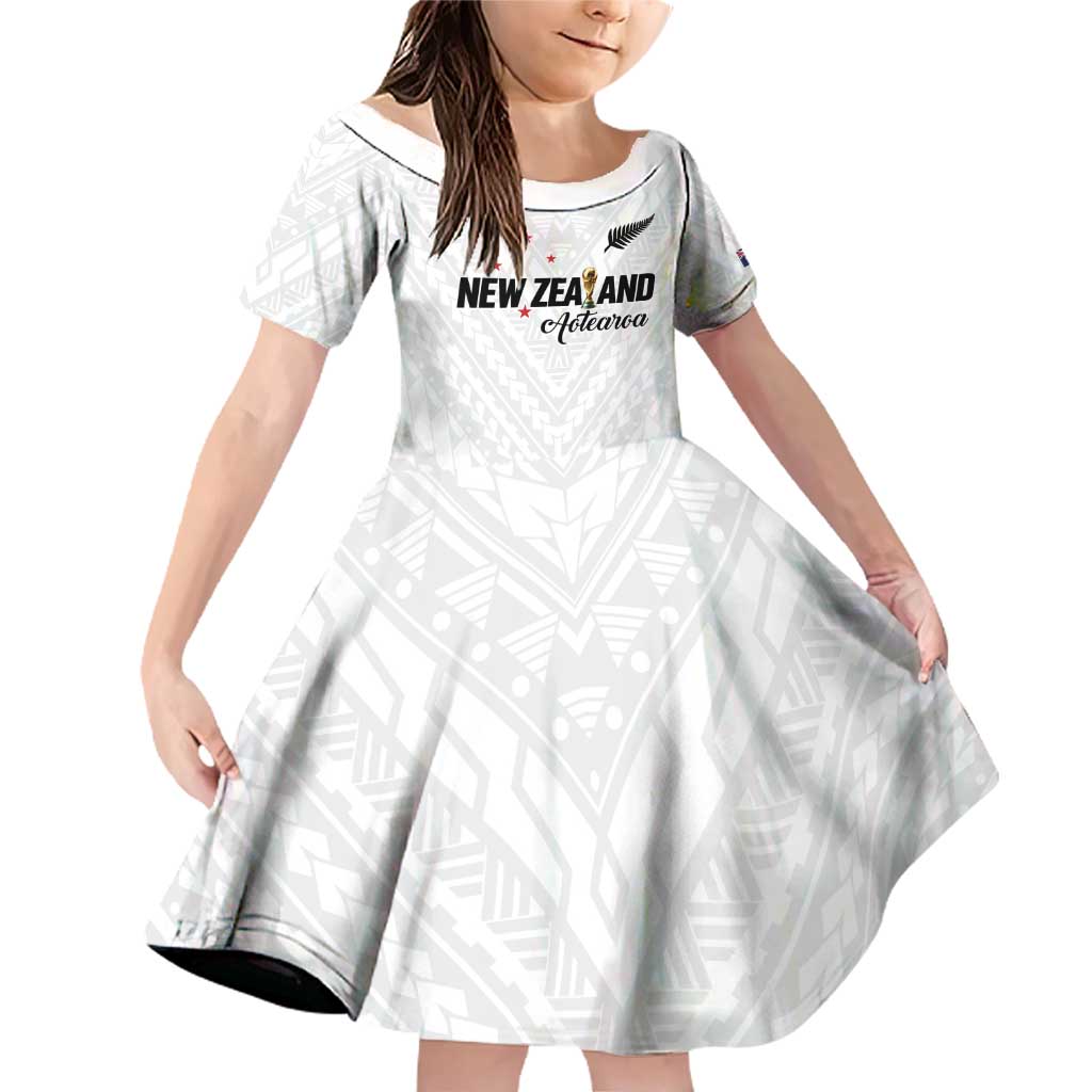 Custom Football New Zealand Family Matching Off Shoulder Short Dress and Hawaiian Shirt Aotearoa United White Version - Polynesian Pride