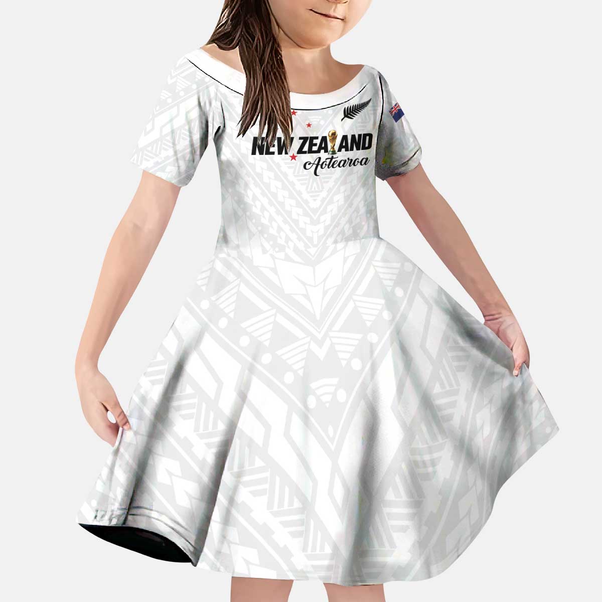 Custom Football New Zealand Kid Short Sleeve Dress Aotearoa United White Version - Polynesian Pride