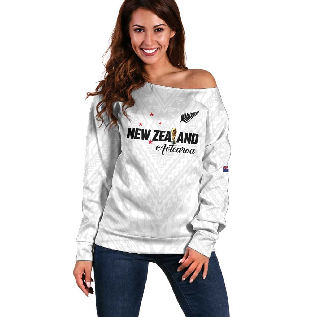 Custom Football New Zealand Off Shoulder Sweater Aotearoa United White Version - Polynesian Pride