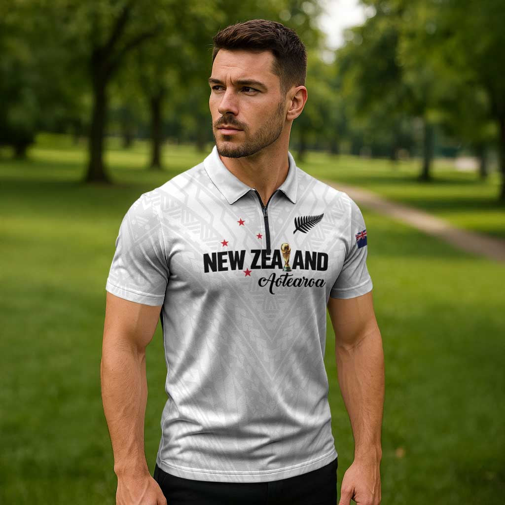 Custom Football New Zealand Zipper Polo Shirt Aotearoa United White Version - Polynesian Pride