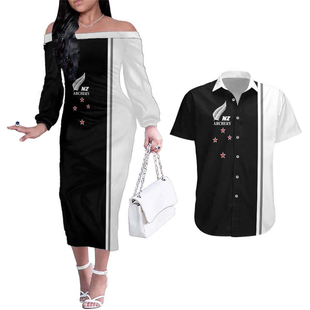 Personalised New Zealand 2025 Archery Basic Couples Matching Off The Shoulder Long Sleeve Dress and Hawaiian Shirt Archery NZ LT01 Black - Polynesian Pride