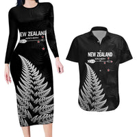 Personalised New Zealand 2025 Archery Couples Matching Long Sleeve Bodycon Dress and Hawaiian Shirt Aotearoa Silver Arrows Black