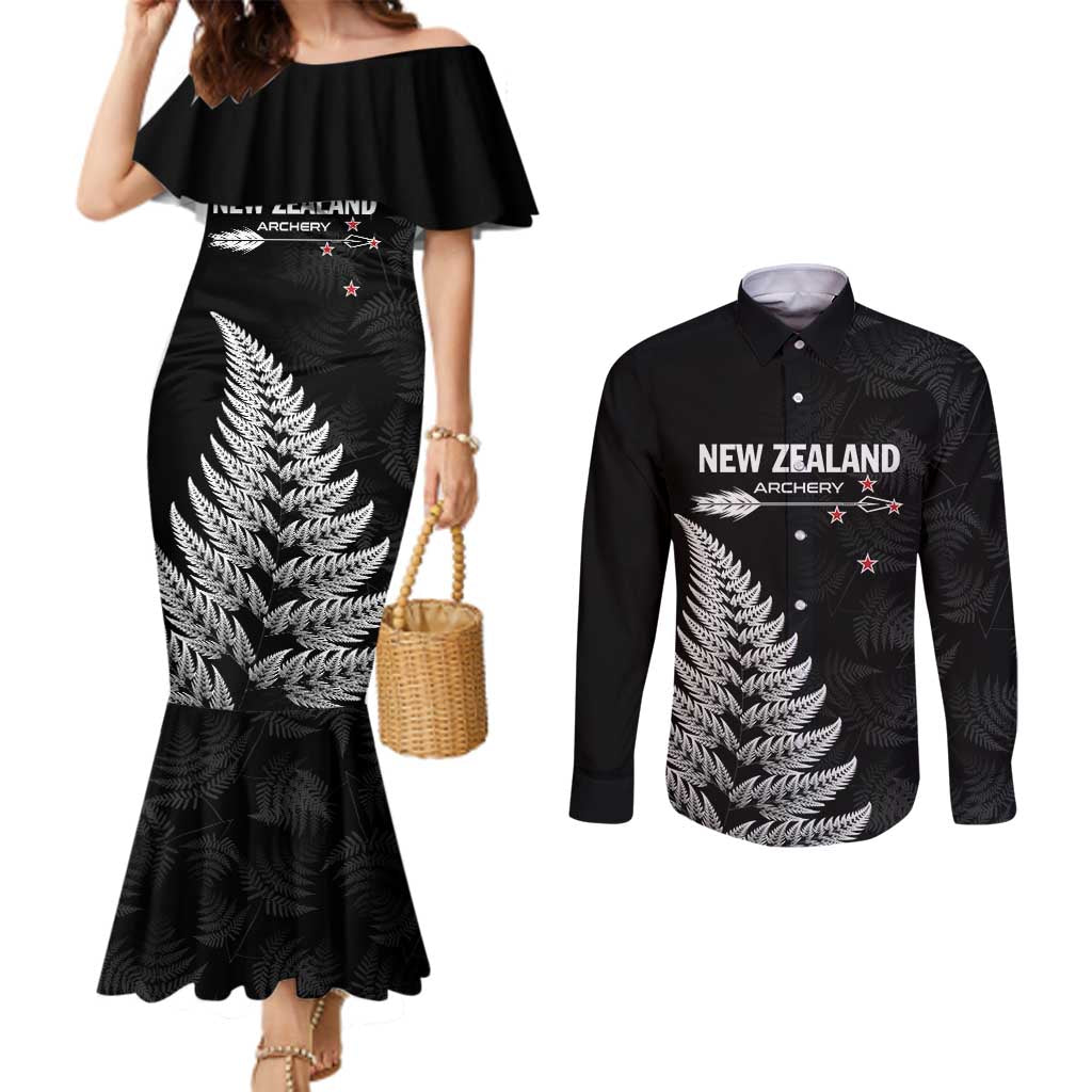 Personalised New Zealand 2025 Archery Couples Matching Mermaid Dress and Long Sleeve Button Shirt Aotearoa Silver Arrows Black