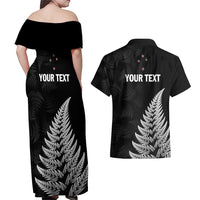 Personalised New Zealand 2025 Archery Couples Matching Off Shoulder Maxi Dress and Hawaiian Shirt Aotearoa Silver Arrows Black