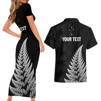 Personalised New Zealand 2025 Archery Couples Matching Short Sleeve Bodycon Dress and Hawaiian Shirt Aotearoa Silver Arrows Black