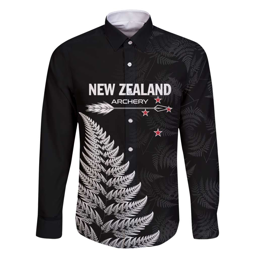 Personalised New Zealand 2025 Archery Family Matching Long Sleeve Bodycon Dress and Hawaiian Shirt Aotearoa Silver Arrows Black LT01 Dad's Shirt - Long Sleeve Black - Polynesian Pride