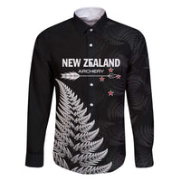 Personalised New Zealand 2025 Archery Family Matching Long Sleeve Bodycon Dress and Hawaiian Shirt Aotearoa Silver Arrows Black LT01 Dad's Shirt - Long Sleeve Black - Polynesian Pride
