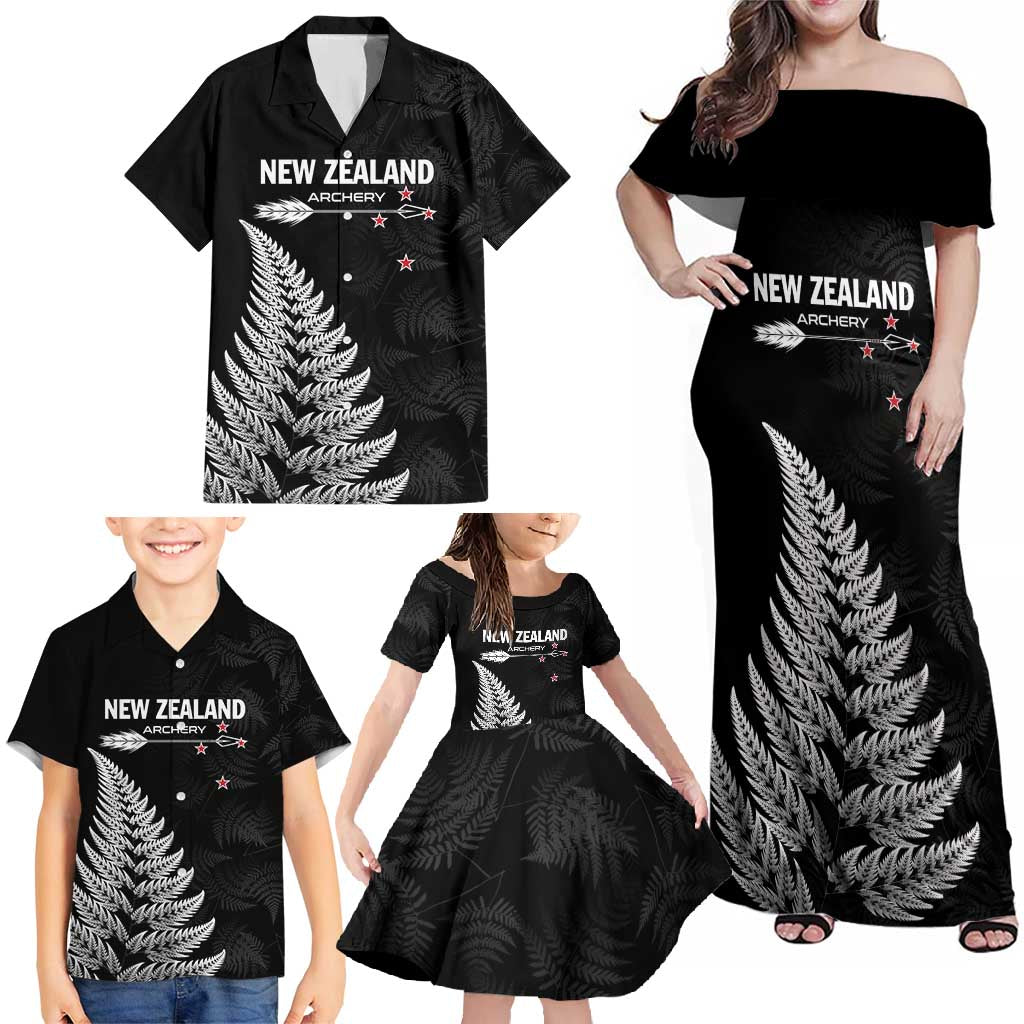 Personalised New Zealand 2025 Archery Family Matching Off Shoulder Maxi Dress and Hawaiian Shirt Aotearoa Silver Arrows Black