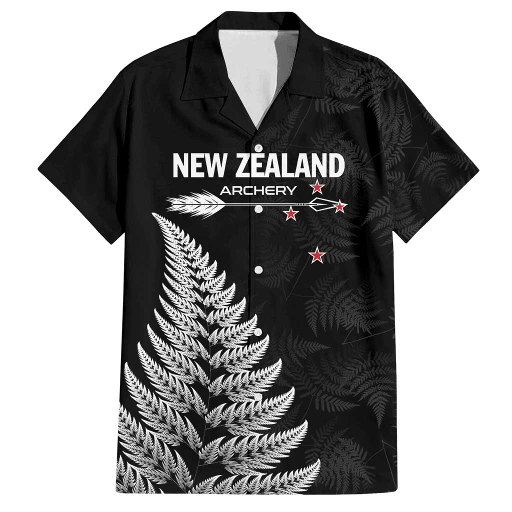 Personalised New Zealand 2025 Archery Family Matching Off Shoulder Maxi Dress and Hawaiian Shirt Aotearoa Silver Arrows Black