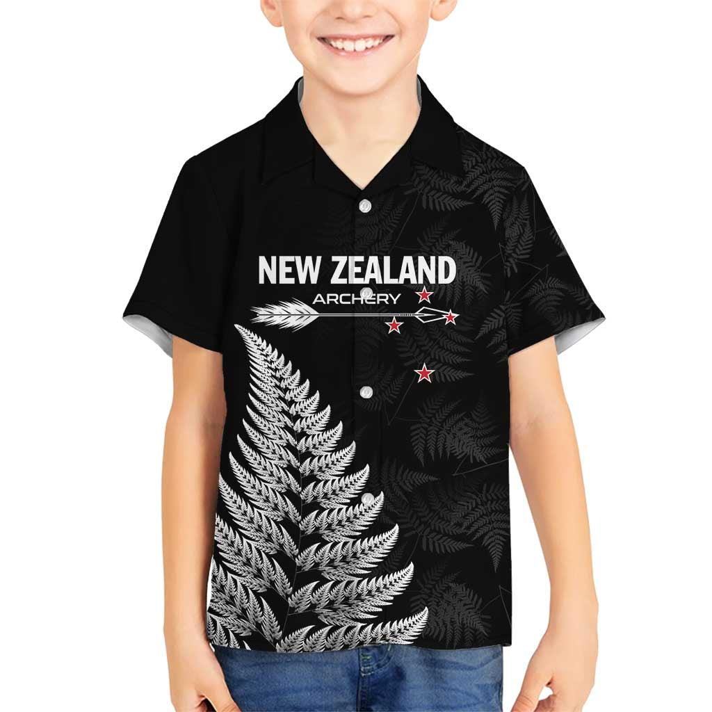Personalised New Zealand 2025 Archery Family Matching Off Shoulder Maxi Dress and Hawaiian Shirt Aotearoa Silver Arrows Black