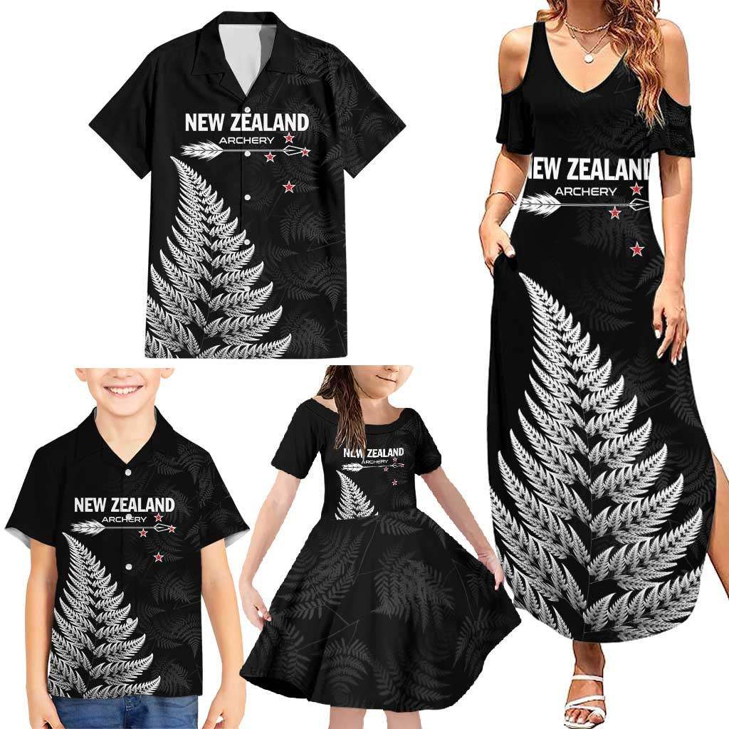 Personalised New Zealand 2025 Archery Family Matching Summer Maxi Dress and Hawaiian Shirt Aotearoa Silver Arrows Black
