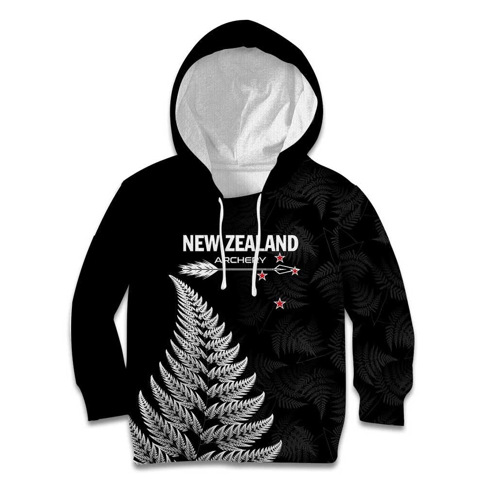Personalised New Zealand 2025 Archery Kid Hoodie Aotearoa Silver Arrows Black