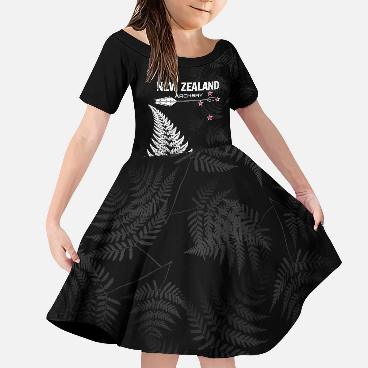 Personalised New Zealand 2025 Archery Kid Short Sleeve Dress Aotearoa Silver Arrows Black