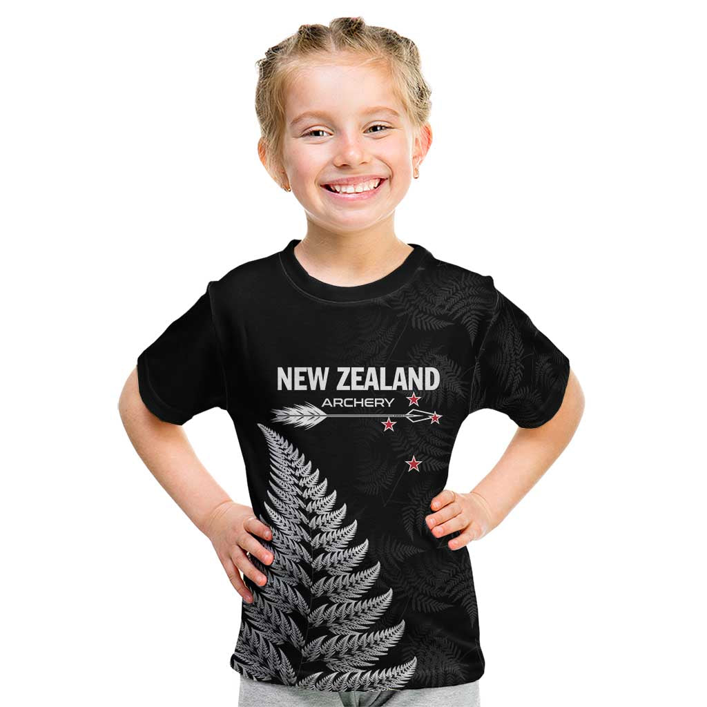 Personalised New Zealand 2025 Archery Kid T Shirt Aotearoa Silver Arrows Black LT01 Black - Polynesian Pride