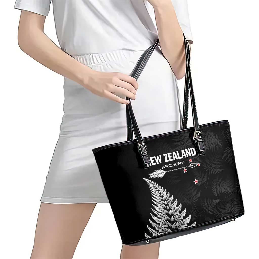 New Zealand 2025 Archery Leather Tote Bag Aotearoa Silver Arrows Black LT01 - Polynesian Pride