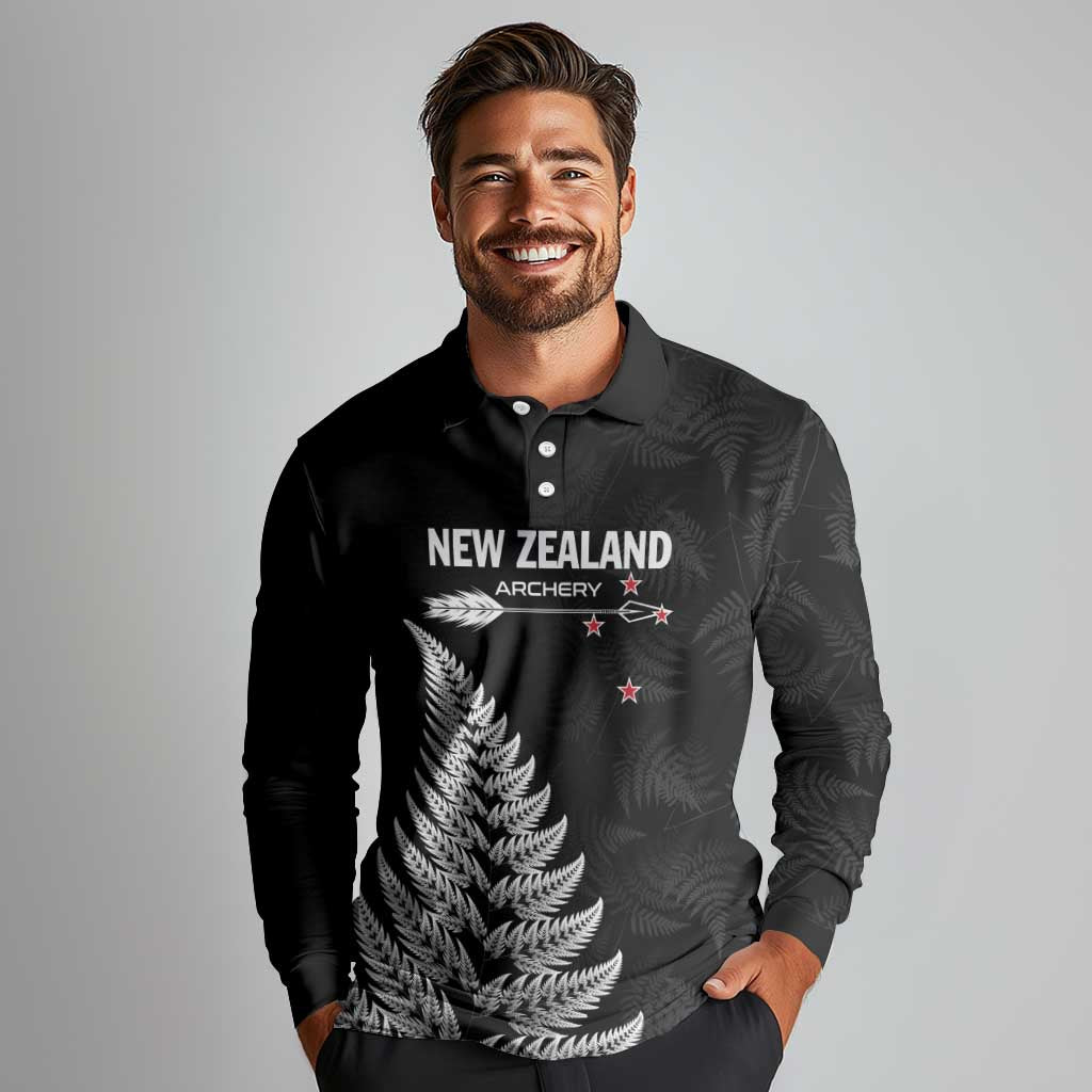 Personalised New Zealand 2025 Archery Long Sleeve Polo Shirt Aotearoa Silver Arrows Black