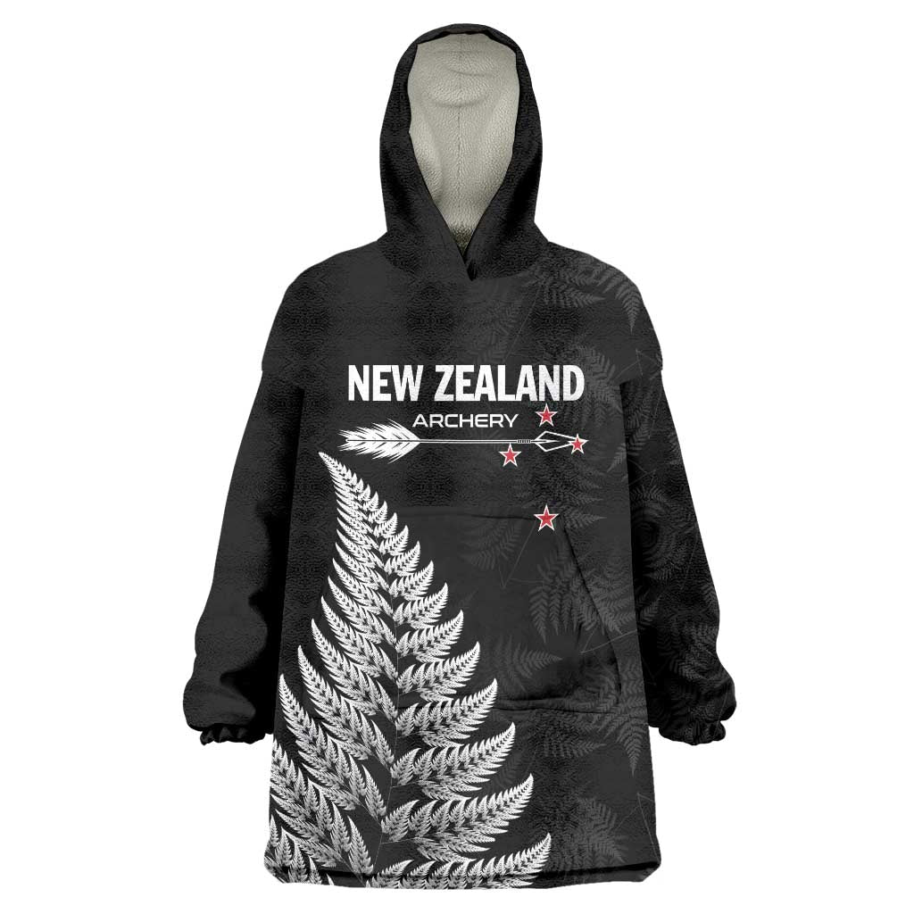 Personalised New Zealand 2025 Archery Wearable Blanket Hoodie Aotearoa Silver Arrows Black LT01 One Size Black - Polynesian Pride