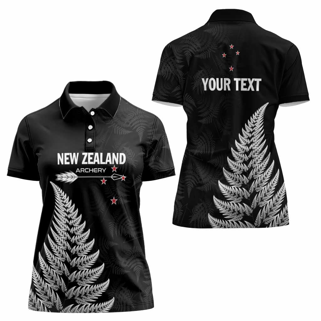 Personalised New Zealand 2025 Archery Women Polo Shirt Aotearoa Silver Arrows Black