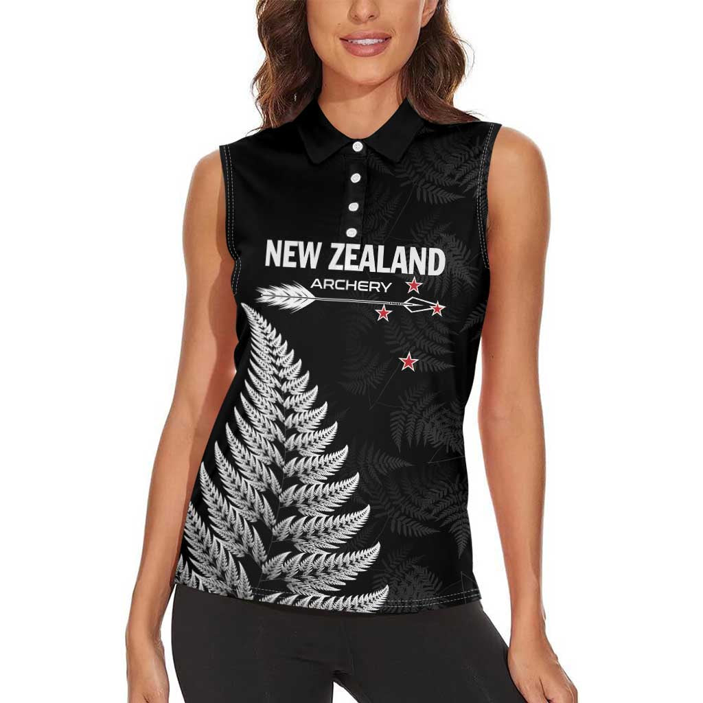 Personalised New Zealand 2025 Archery Women Sleeveless Polo Shirt Aotearoa Silver Arrows Black