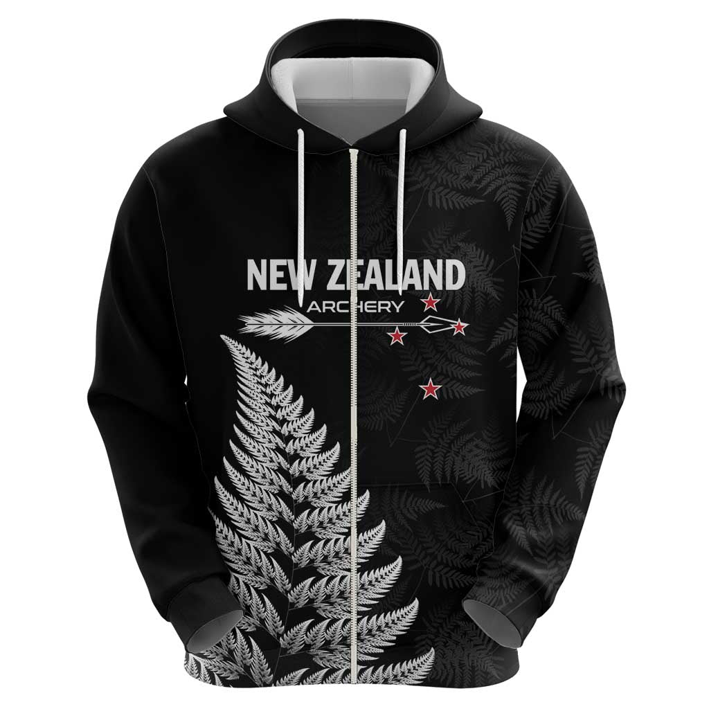 Personalised New Zealand 2025 Archery Zip Hoodie Aotearoa Silver Arrows Black LT01 - Polynesian Pride
