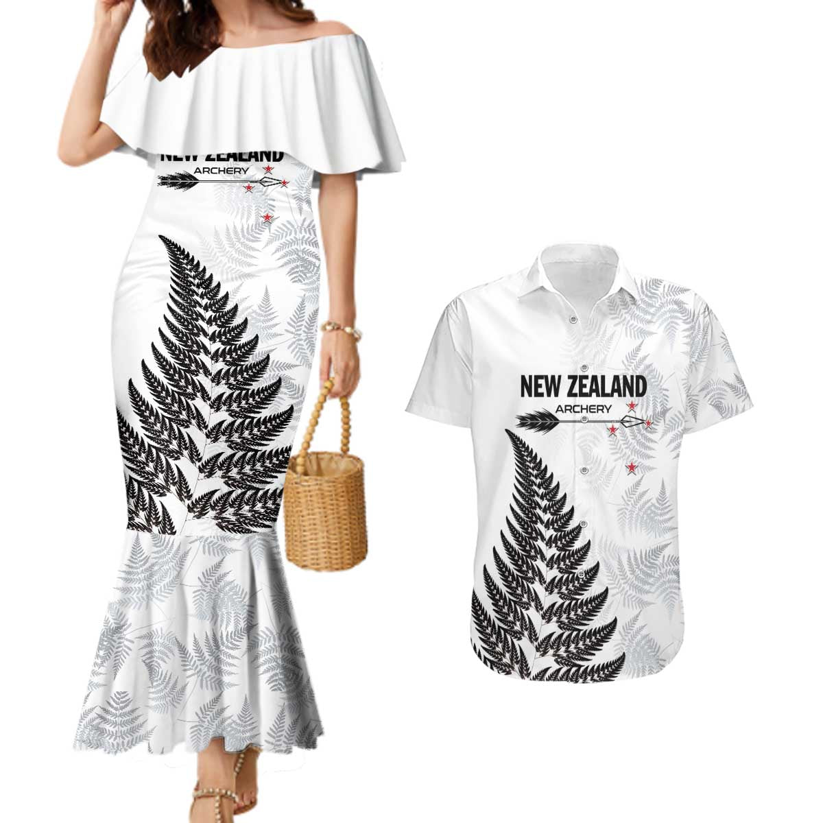 Personalised New Zealand 2025 Archery Couples Matching Mermaid Dress and Hawaiian Shirt Aotearoa Silver Arrows White