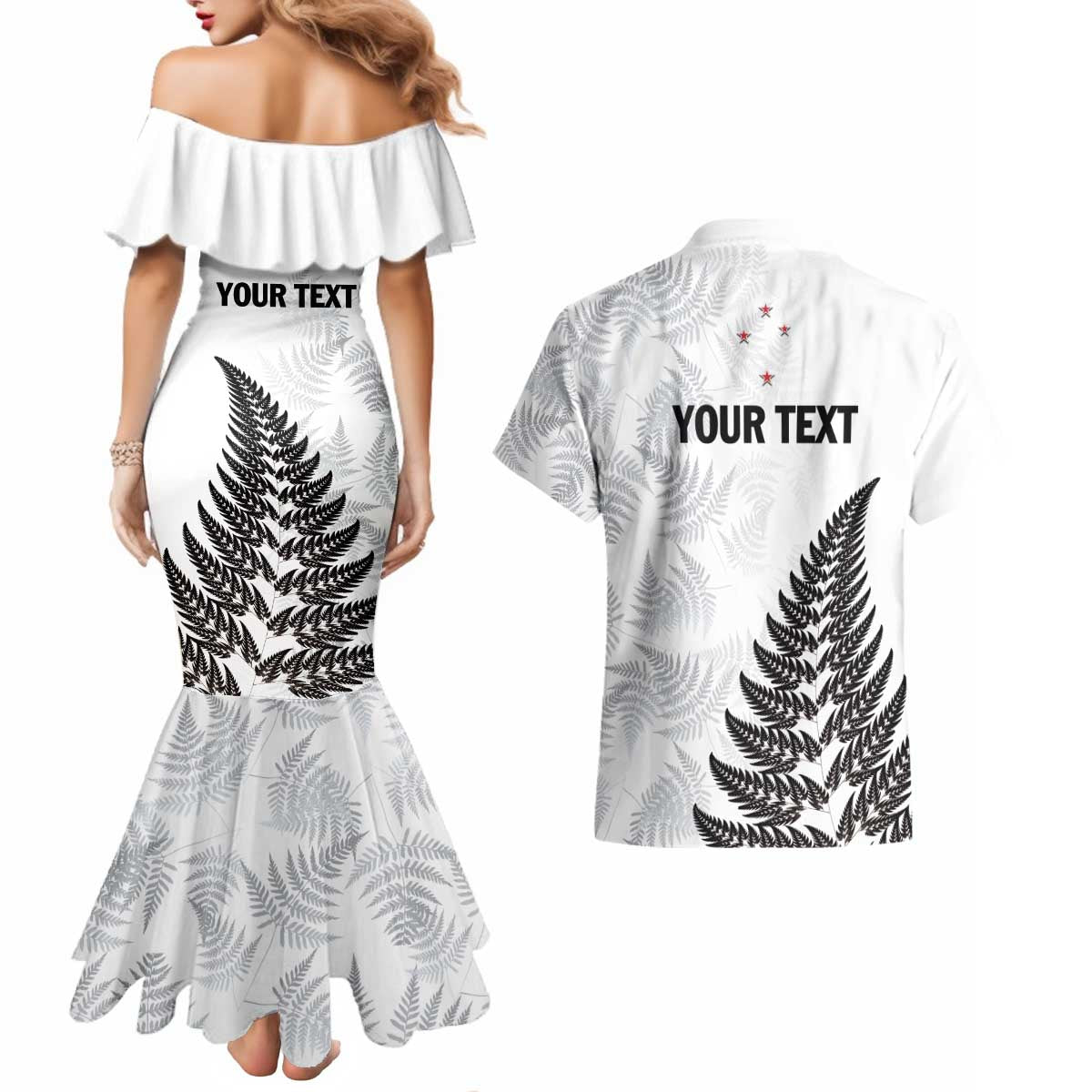 Personalised New Zealand 2025 Archery Couples Matching Mermaid Dress and Hawaiian Shirt Aotearoa Silver Arrows White