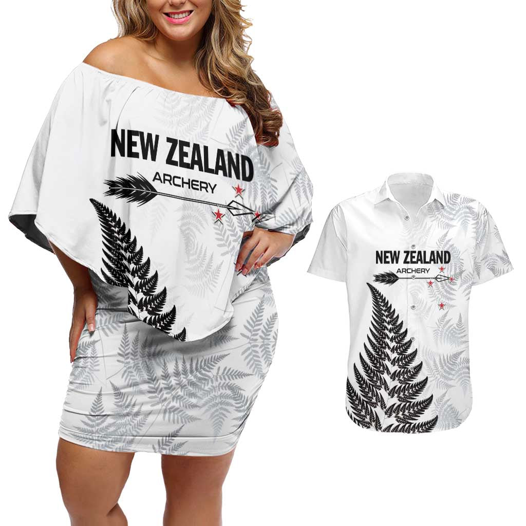 Personalised New Zealand 2025 Archery Couples Matching Off Shoulder Short Dress and Hawaiian Shirt Aotearoa Silver Arrows White