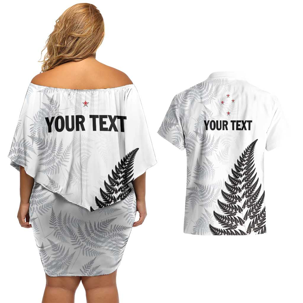 Personalised New Zealand 2025 Archery Couples Matching Off Shoulder Short Dress and Hawaiian Shirt Aotearoa Silver Arrows White