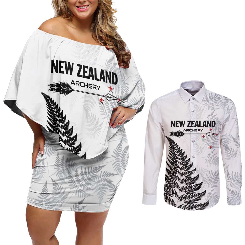 Personalised New Zealand 2025 Archery Couples Matching Off Shoulder Short Dress and Long Sleeve Button Shirt Aotearoa Silver Arrows White