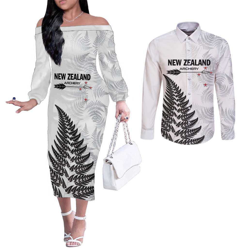 Personalised New Zealand 2025 Archery Couples Matching Off The Shoulder Long Sleeve Dress and Long Sleeve Button Shirt Aotearoa Silver Arrows White